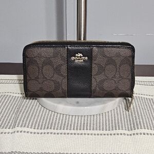 Coach Brown and Black Signature Zip Wallet